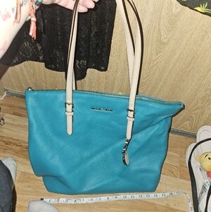 Michael Kors Teal Pebble Leather Voyager Tote Bag with Gold Tone Hardware